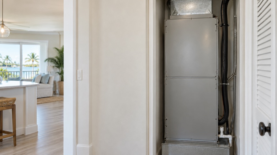 Closed residential air handler with ductwork in a utility room